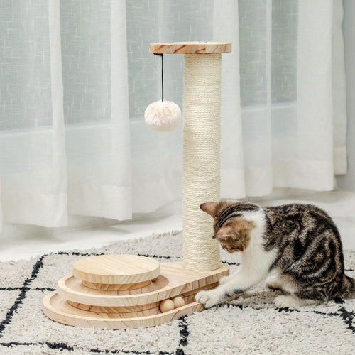 Juguete interactivo para gatos de madera, doble capa, bola de pista inteligente giratoria, poste rascador 🛒 - Accessories Cats&Birds